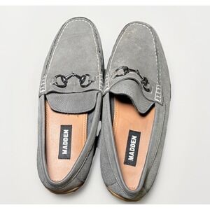 Madden Gray Suede Loafers Men's 9.5 Slip-On Driving Shoes Bit Detail